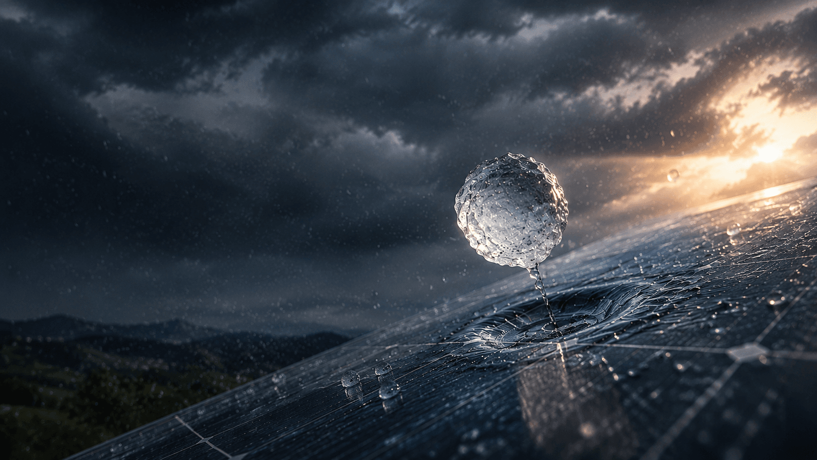 Hail striking a protected solar module during a storm
